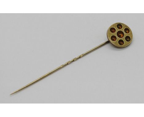 Victorian yellow metal Celtic style shield stick pin, 8cm L approx, 2.7g 