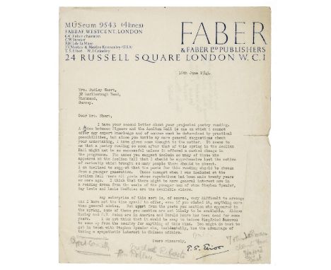*Eliot (Thomas Stearns, 1888-1965). A group of four typed letters signed, 'T.S. Eliot', Faber and Faber, 24 Russell Square, L