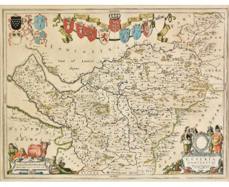 *Cheshire. Blaeu (Johannes), Cestria comitatus Palatinus, circa 1645, engraved map with contemporary hand colouring, decorati