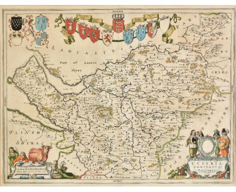 *Cheshire. Blaeu (Johannes), Cestria comitatus Palatinus, circa 1645, engraved map with contemporary hand colouring, decorati