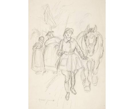 *Brock (Charles Edmund, 1870-1938). Stern Critics, pencil on paper, depicting a pretty young lady in jodhpurs leading a large