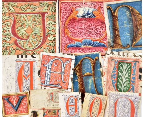 Manuscript illumination. Collection of 16 illuminated antiphonary initials on vellum, 14th century and later,  various dimens