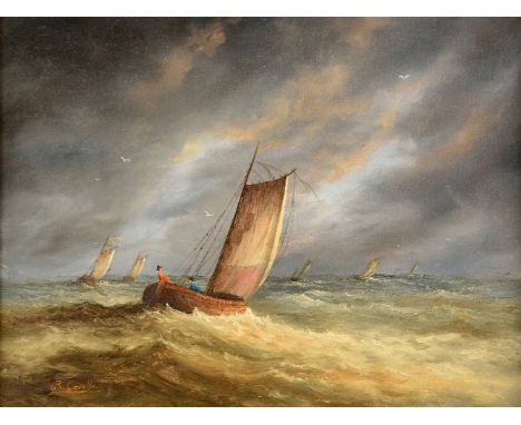*Cavalla (R., 20th century). Sailing boats in stormy waters,  pair of oil on canvas paintings, one signed lower left the othe