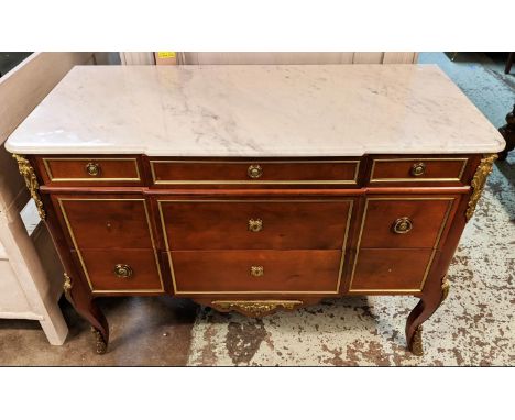 COMMODE, 122cm x 55cm x 89cm H, Transitional style cherrywood with a white marble top, five drawers and gilt metal mounts. 