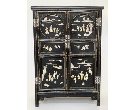 CHINESE SIDE CABINET, early 20th century lacquered and mother and pearl and bone mounted with two panelled doors and silvered