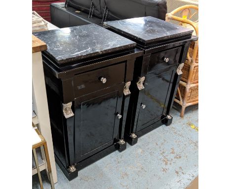 BEDSIDE CABINETS, a pair, 52cm W x 83cm H x 46cm D, Empire design, ebonised each with a marble top above a short drawer and a