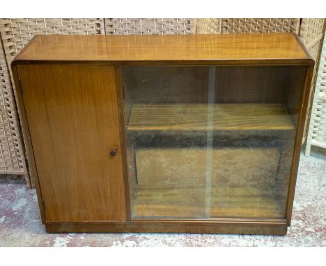 SIDE CABINET BY B &amp; S GOODMAN LTD, 76cm H x 99cm x 27cm, circa 1960, walnut with door and two sliding glass doors. 