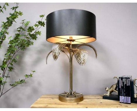 MAISON JANSEN STYLE PALM TREE TABLE LAMP, 74cm high, 45cm diameter, gilt metal, black shade. 