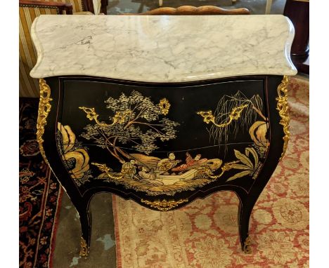 BOMBE COMMODE, 83cm x 41cm x 82cm H, Louis XV style with white marble top on a black painted base with foliate Chinoiserie de