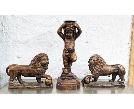 PUTTI CANDLESTICK AND  A PAIR OF LIONS. (3) 