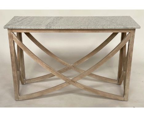 CONSOLE TABLE, contemporary rectangular grey marble top on lined sycamore arched cross stretched supports, 122cm W x 41cm D x