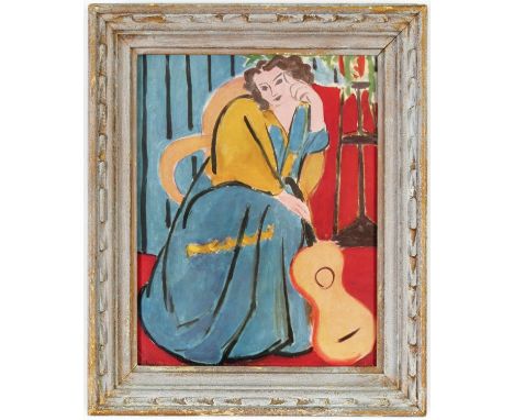 HENRI MATISSE, Jeune Femme avec guitare, signed in the plate, off set lithograph, vintage French frame, 25.5cm x 19.5cm. (Sub