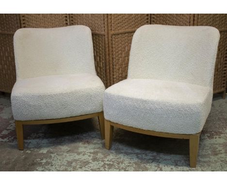 LOUNGE CHAIRS, 72cm H x 60cm W, a pair, light oak with boucle upholstery. (2) 
