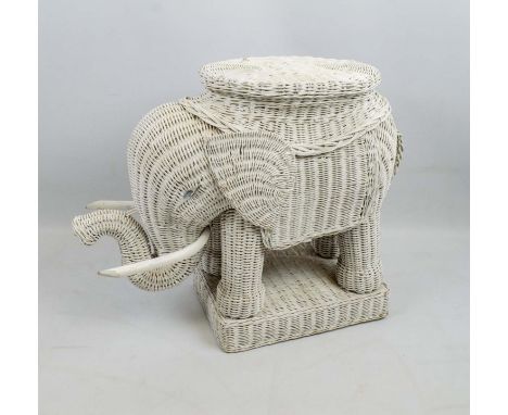 ELEPHANT LAMP TABLE, mid 20th century cane woven with seat table top and plinth, white painted finish, 64cm W x 50cm H x 28cm