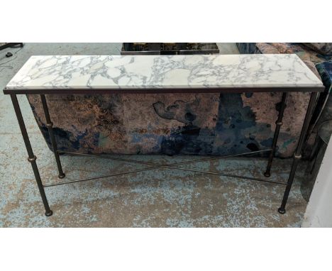 CONSOLE TABLE, 145cm x 37cm x 88cm, bronzed metal base, white marble top. 