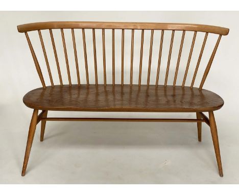 ERCOL LOVE SEAT BENCH, 1960s vintage elm with enclosed rail back and solid seat, 120cm W. 