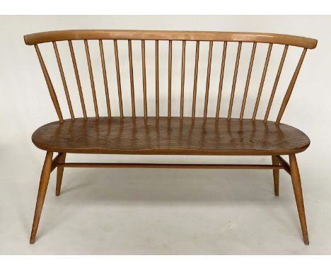 ERCOL LOVE SEAT BENCH, 1960s vintage elm with enclosed rail back and solid seat, 120cm W. 