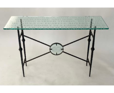 CONSOLE TABLE, Bespoke engraved plate glass 'Grim-Visaged war ... etc', 'Richard III Act 1, Scene 1, on wrought iron twist su