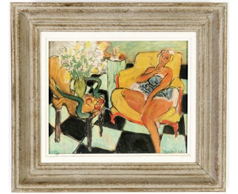 HENRI MATISSE, Jeune femme assise, jaune, off set lithograph, signed in the plate, vintage French frame, 21cm x 26cm. (Subjec