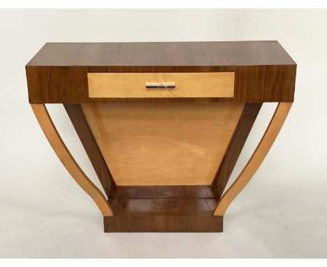 ART DECO CONSOLE TABLE, figured walnut and bois satin contrast with angled supports, 102cm x 40cm x 86cm H. 
