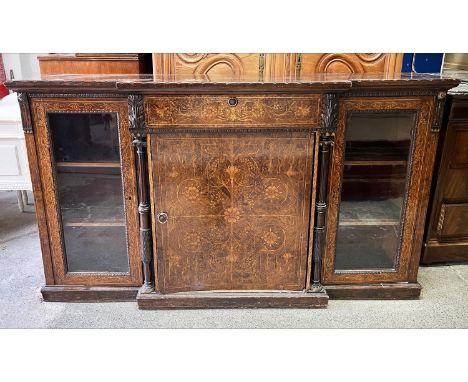 BREAKFRONT CREDENZA, Victorian walnut and inlaid with central door enclosing shelf, flanked by two glazed doors, 100cm H x 17