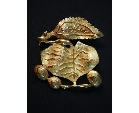 Jean Lurçat (1892 - 1966) for Patek Phillipe, an 18ct yellow gold 1950's surrealist leaf and acorn design brooch, signed Lurc