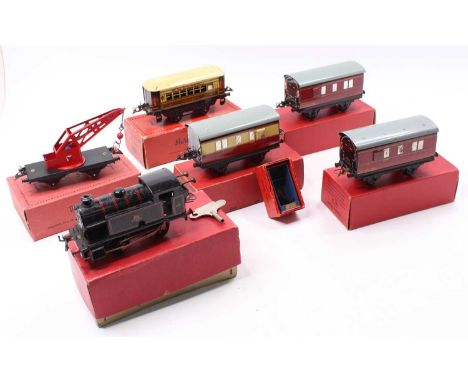 Various Hornby 0-gauge items: No.41 passenger brake, maroon (E-NM) (BE); another (F-G) (BG); No.41 passenger brake, maroon &a