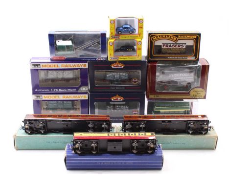 A small selection of 00-gauge rolling stock: Hornby-Dublo coaches – one each LMS D3 1st/3rd &amp; br/3rd, ‘galvanised roofs’ 