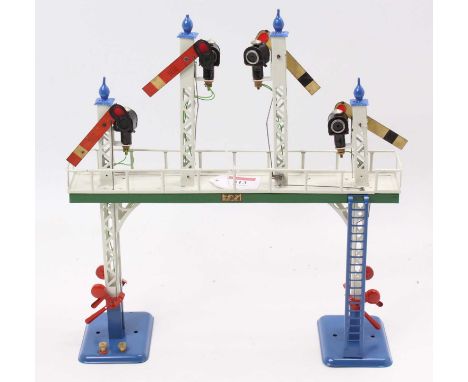Hornby Electric Signal gantry showing four home signals. Fully repainted and restored, blue bases &amp; ladder, white posts, 