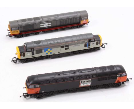 Three unboxed Co-Co diesel locos: Hornby class 56 ‘Load Haul’ No.56083 orange &amp; black; Hornby class 58 ‘Bassetlaw’ Railfr