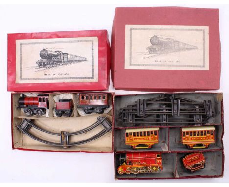 Two Brimtoy clockwork train sets: ‘Royal Scot’ 0-4-0 no.7171 with ‘LMS’ tender, red with yellow lining, two 1st class coaches