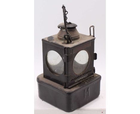 A BR Eastern Region railway oil hand lamp, Welch patent example with station name reading "Newmarket", BR Eastern Region plaq