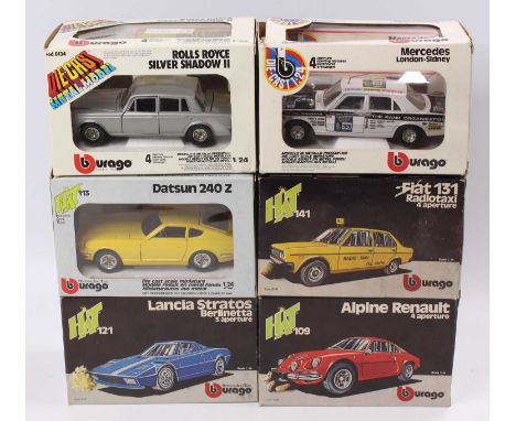 One tray containing six various boxed Burago 1/24 scale diecast vehicles to include a Lancia Stratos Berlinetta, a Datsun 240