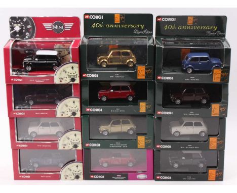 12 Corgi Classics modern issue 1/36th scale Mini's, with examples including No. CC82208 Mini 40 in island blue, No. 04505 Min