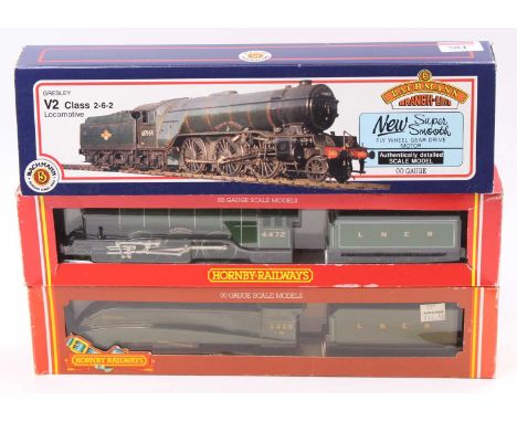 Three locos &amp; tenders: Hornby R398 ‘Flying Scotsman’ 4-6-2 LNER green No.4472; R327 LNER 4-6-2 ‘Mallard’ blue 4468; Bachm