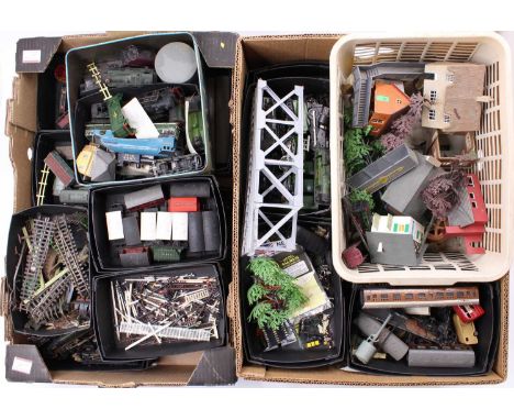 Two large &amp; heavy trays containing a huge amount of TT gauge (3mm) model railway and scenic items. Numerous locos, coache