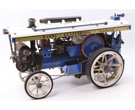 A Markie Models spirit fired scenic showman's engine, 1/10 scale, finished in blue with brass fittings and white and rubber r