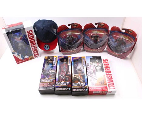 Hasbro and Mattel Guardians of the Galaxy, Transformers, and Superman Man of Steel boxed action figure group, with examples i