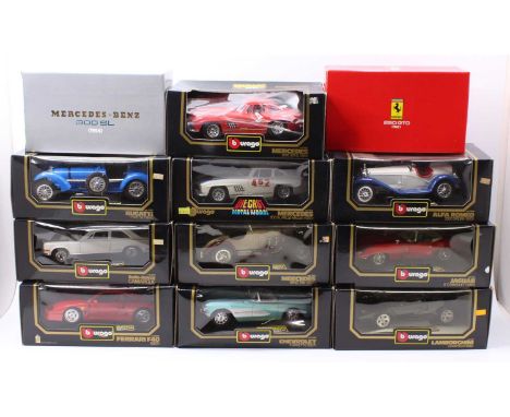 12 Burago 1/18th scale boxed diecasts, with examples including a Ferrari F40, a Bugatti Type 59, a Mercedes Benz 300 SL, and 