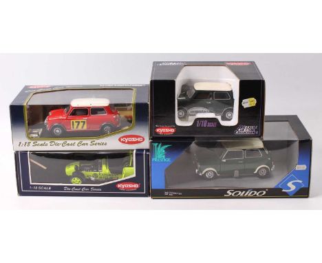 Kyosho and Solido 1/18th scale boxed model group of 4 comprising 2x Kyosho Morris Mini Cooper 1275S, a Caterham Super Seven, 