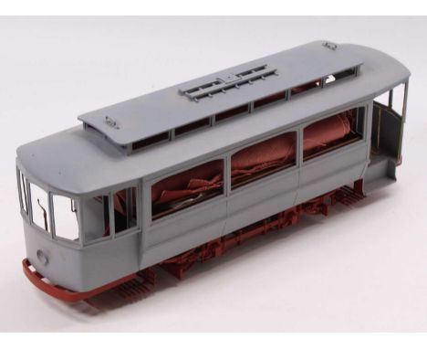 A G-scale single decker tram, a kit built example which requires finishing