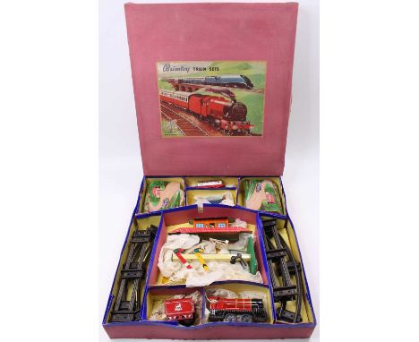 Brimtoy train set, clockwork in home made presentation box: 0-4-0 loco &amp; tender no.5060, red with yellow &amp; black lini