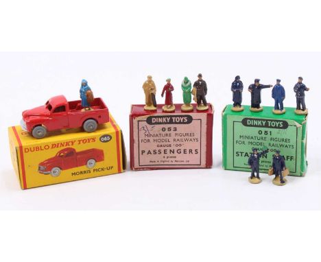 Three Dublo &amp; Dinky Toy items: Dinky Toys Station Staff no.051 six in box; Dinky Toys passengers No.0532 five in box; Dub