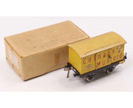 1923-4 Hornby Colman’s Mustard van. Open axleguard base, nut &amp; bolt construction, nickel plated large drop-link couplings