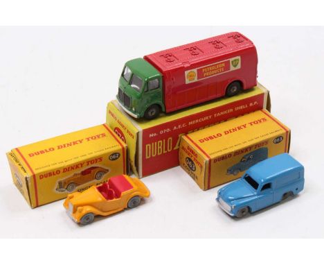 Three Dublo Dinky Toys: 070 AEC Mercury tanker Shell/BP, red &amp; green, with windows, black treaded wheels (NM) (BE); 062 S