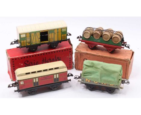 Four French Hornby wagons: English open wagon with green tarpaulin ‘Nord’ (E-NM); ETAT post &amp; telegraph wagon (VG); Tonne