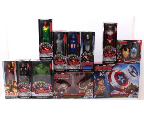 Hasbro modern issue release Marvel Avengers boxed group, with examples including a Captain America Star Launch Shield, an Iro