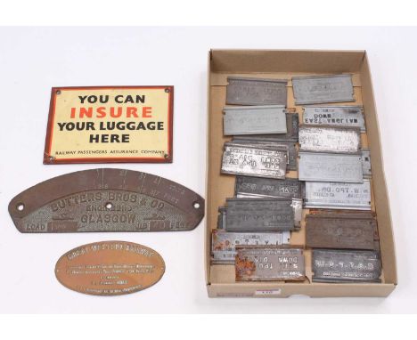One tray of vintage railway interest signs and ticket printing plates to include Newmarket interest, together with a Butters 