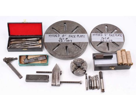 Collection of Myford Lathe Tools, to include 7" Back plate/9" back plate, box-collets, reamers, lathe tool holder, 4 jaw chuc