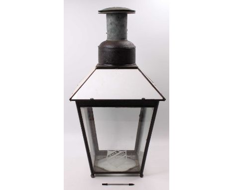 A French The Lampe Veritas post mounted glazed lantern with white glass conical sides with registered trademark to one side, 